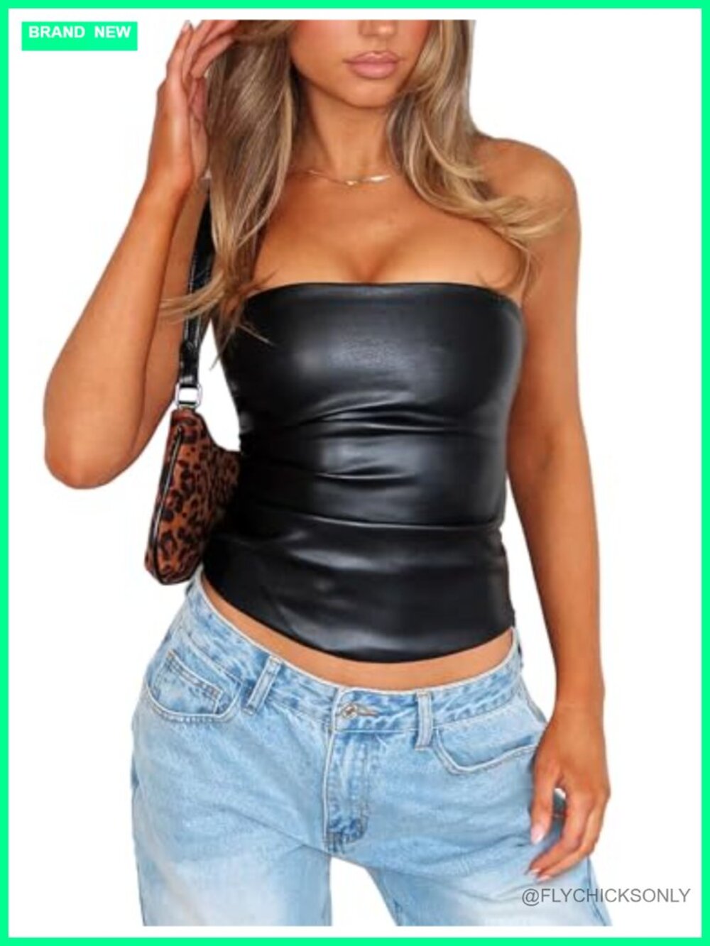 Faux Leather Tube Top Strapless Ruched Bandeau Crop Top Sleeveless Zip Up Party